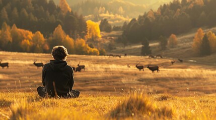 A person sitting quietly in a meadow, watching a herd of deer grazing nearby, capturing the essence of peaceful solitude
