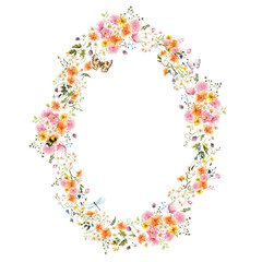 Watercolor hand draw floral wreath with meadow flowers, grass, herbs, summer composition for wedding invitation, bumblebee, butterfly and dragonfly, isolated on white background