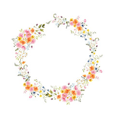 Watercolor hand draw floral wreath with meadow flowers, grass, herbs, summer composition for wedding invitation, bumblebee, butterfly and dragonfly, isolated on white background