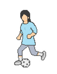 Woman playing pixel art soccer, blue clothes