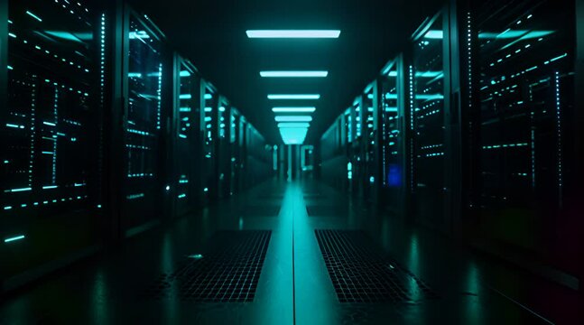 A dark room with rows of glowing blue computer racks in the background.