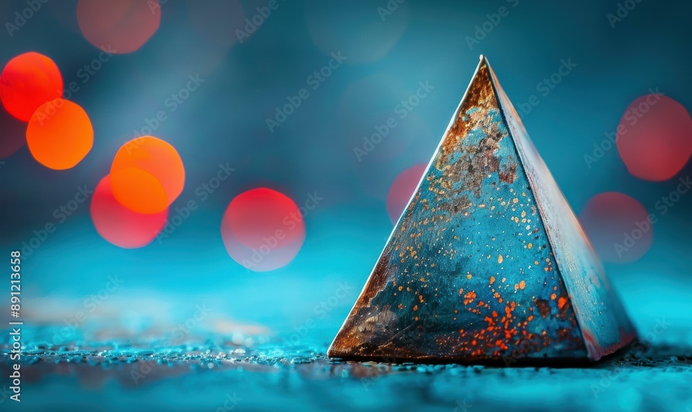 Poster a rusty triangle sitting on a blue surface with red lights in the background. ai.