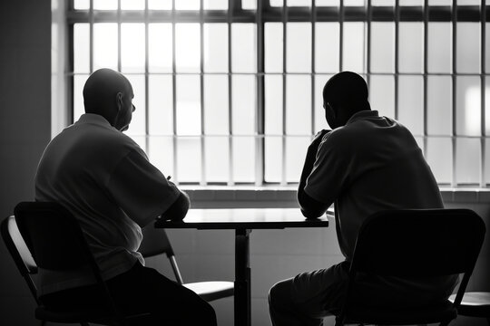 A prison inmate meeting with their defense attorney in a visiting room, discussing legal strategy and next steps.