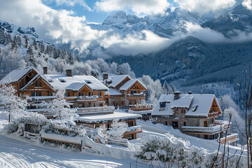A picturesque mountain village covered in snow with wooden houses and snowy trees, evoking a serene winter atmosphere.