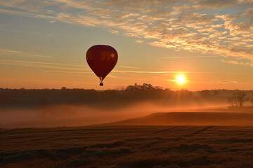 A serene sunrise landscape with a hot air balloon floating above misty fields, capturing a peaceful early morning scene.
