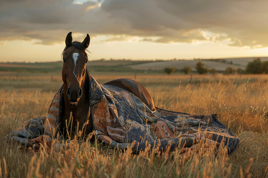 A horse wrapped in a quilt lies on a grassy field at sunset, creating a warm and serene scene.