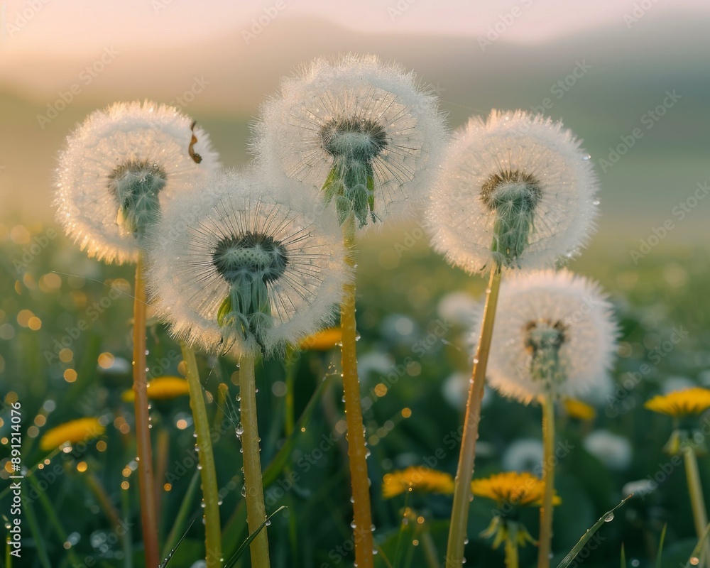 Aufkleber a group of dandelions in a field with dew on them. ai.