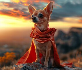 A small dog wearing a cape sitting on top of rocks. AI.