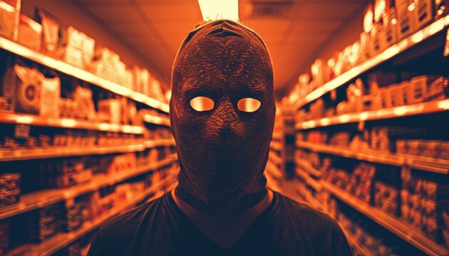 A man wearing a mask in the middle of an aisle. AI. - Powered by Adobe