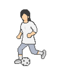Woman playing pixel art soccer, white clothes