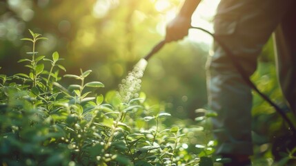 A person is watering a plant with an automatic sprinkler. AI.