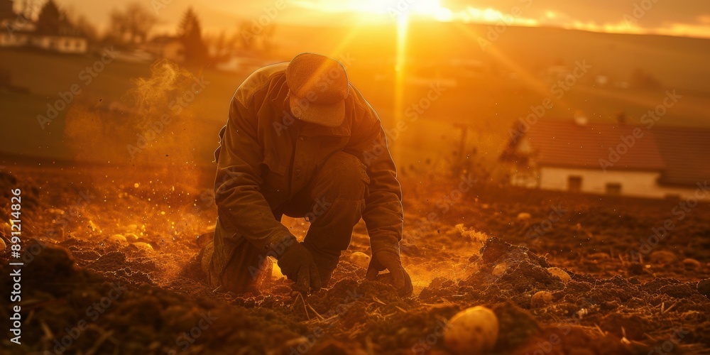 Poster a man crouching down in a field with the sun setting. ai.