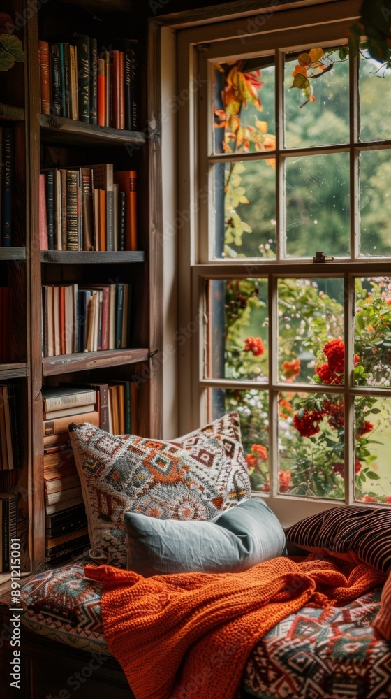 Poster a window with a view of flowers and trees in the background. ai.