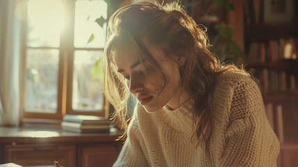 A woman in a sweater looking at her phone while sitting on the floor. AI.