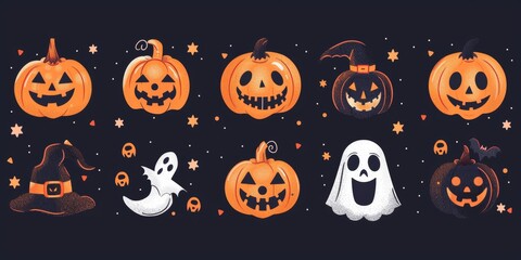 Fototapeta premium Vibrant Collection of Rhinestone Halloween Stickers Featuring Glittery Pumpkins, Bats, and Spiders on a Stark White Background