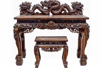 Ornate Dragon Carved Wooden Table and Stool for your background business, poster, wallpaper, banner, backdrop, greeting cards, and advertising for business entities or brands.