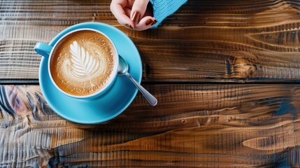 A steaming cup of latte with beautiful latte art in a blue cup on a rustic wooden table, captured from above. Perfect cozy coffee moment.
