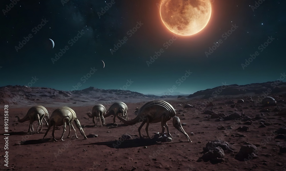 Canvas Prints majestic alien creatures grazing on a distant planet under the light of multiple moons and stars.