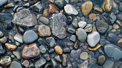 Large pebbles scattered in a river a variety of shapes colors and minerals mostly gray
