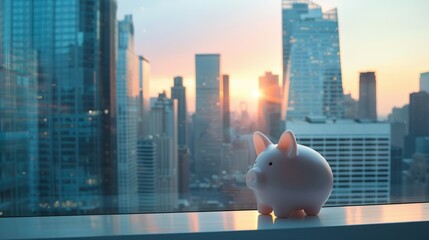 Piggy bank cityscape sunset. A piggy bank sits on a windowsill overlooking a city skyline at sunset. The image captures the financial aspirations and dreams that are often associated with urban life.