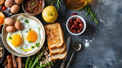 Ketogenic breakfast with eggs toast asparagus beans and sausage