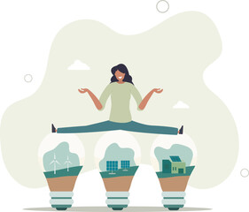 Eco friendly sustainable, Set of light bulb with alternative energy, climate change problem concepts.flat design.illustration with people.