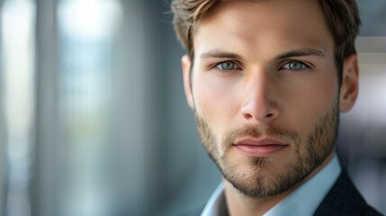 Handsome man with serious expression. A portrait of a man with a determined facial expression, captured in a close-up shot that highlights his blue eyes and sharp jawline.
