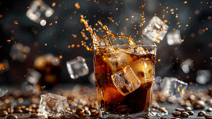 A dynamic shot of iced coffee splashing in a glass, with floating ice cubes and scattered coffee beans against a dark background. The scene captures the refreshing and invigorating essence of the drin