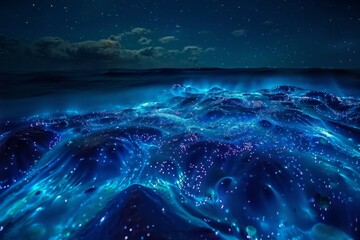 Fototapeta premium A magical night-time scene of bioluminescent plankton glowing in the ocean. The waters shimmer with a natural light show, creating a mesmerizing and enchanting display of bioluminescence