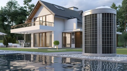 Fototapeta premium Air heat pump near modern house