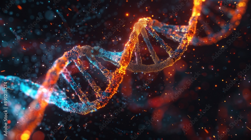 Poster abstract dna strand with sparkles. a digitally rendered abstract representation of a dna strand with