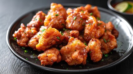 Japanese Karaage Chicken Closeup in Black Plate