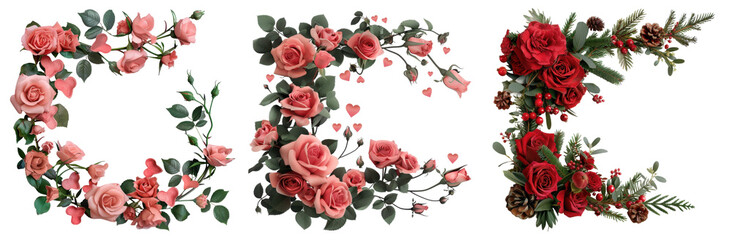 Rose Wreaths, Pink and red rose wreaths with hearts, Romantic Floral Arrangements on a transparent background.