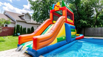 Inflatable bounce house water slide in the backyard, Colorful bouncy castle slide for children playground. 