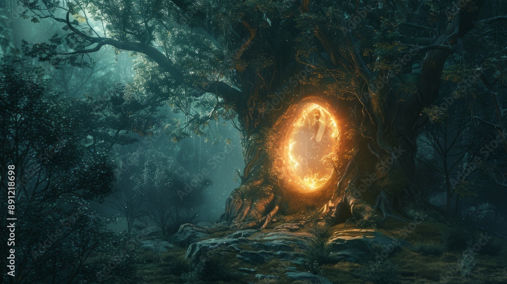 Poster mystical forest portal. a glowing portal within a ancient tree in a dark, enchanted forest.