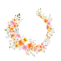 Frame with watercolor hand draw wildflowers, meadow floral, grass, herbs, dragonfly, butterfly, bumblebee, elegant summer composition for wedding invitation, isolated on transparent background