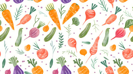 A seamless pattern featuring colorful root vegetables such as carrots, radishes, beets, and turnips, along with green leaves on a white background. Perfect for fresh and vibrant culinary-themed design