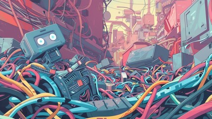 Robot in a colorful wire labyrinth. A retro-style robot sits amidst a vibrant tangle of wires and cables, creating a captivating scene of technological chaos.