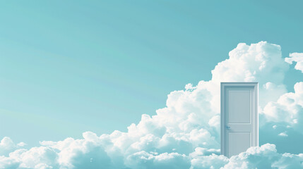 A minimalist illustration of a door floating in a cloudy sky, the door is modern and sleek, surrounded by minimalistic clouds