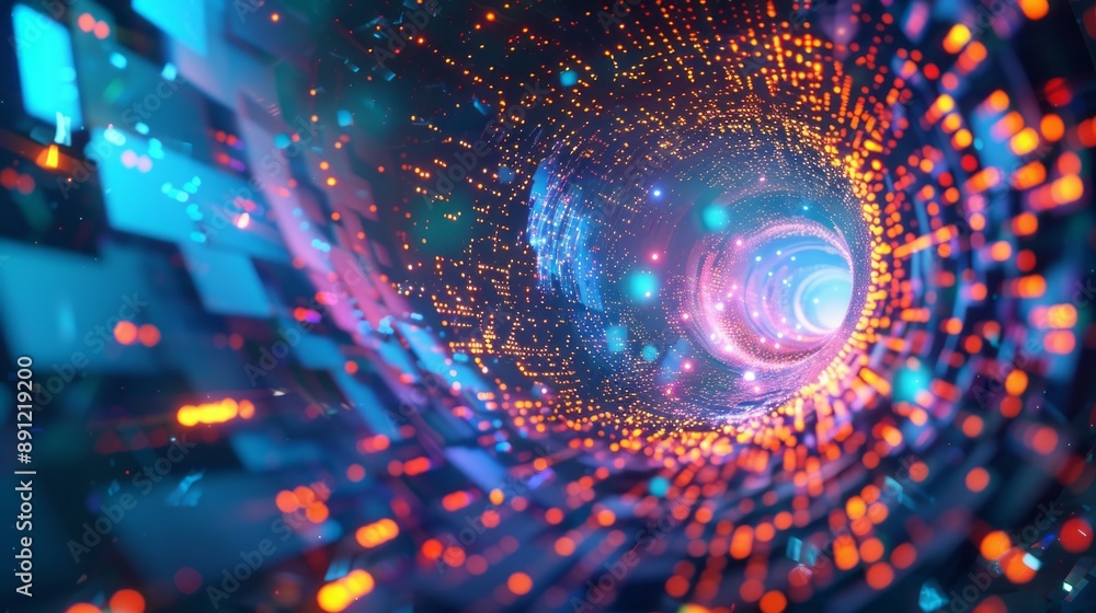Poster abstract tunnel with vivid lights. an abstract representation of a tunnel illuminated with colorful 