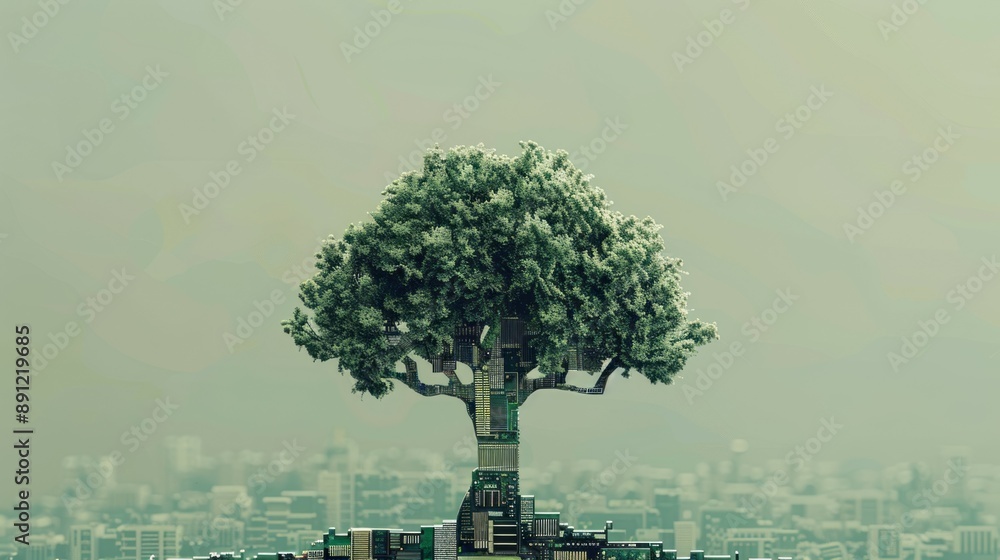 Aufkleber green tree growing from circuit board. a green tree grows from a circuit board, symbolizing the conn