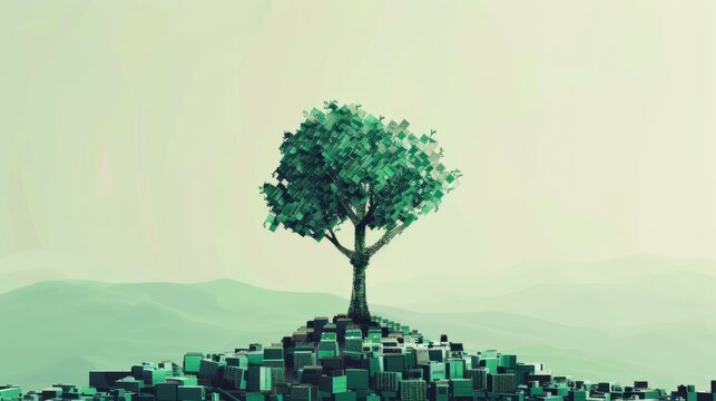 Tree emerging from geometric landscape. A solitary tree grows from a geometric landscape, representing nature's resilience and the beauty of contrast.