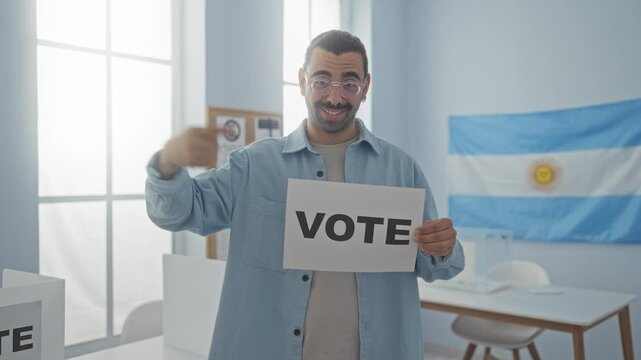 Young man with moustache holding vote sign in argentinian electoral college with flag and voting booths indoors