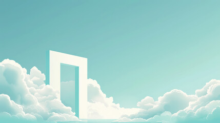 A minimalist illustration of a door floating in a cloudy sky, the door is modern and sleek, surrounded by minimalistic clouds