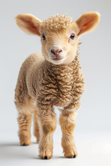 Fototapeta premium Adorable curly-haired baby lamb standing on a white background, showcasing its cute and innocent features. Perfect for animal and farm-related imagery.