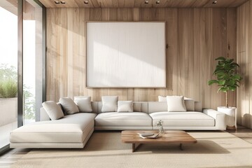 Modern Living Room Interior with Wooden Walls and a Sectional Sofa
