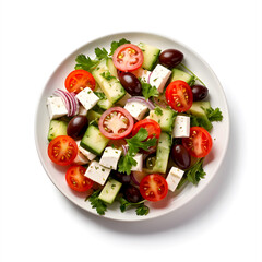 Greek salad on a plate on white background