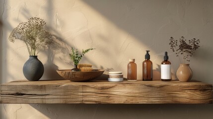 Rustic Bathroom Shelf with Natural Elements and Bottles