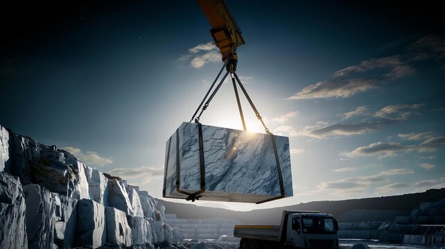 a crane lifting a marble block onto a truck in a busy quarry, field of dept deep odject, all cover focus text, for spacecopy