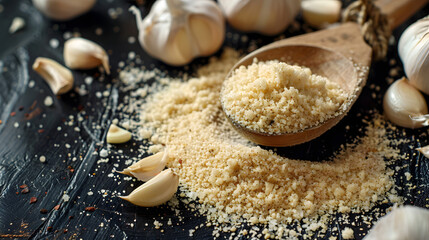 A rustic wooden spoon filled with garlic powder, surrounded by fresh garlic cloves and bulbs on a dark wooden surface. Perfect for culinary and spice-themed visuals.